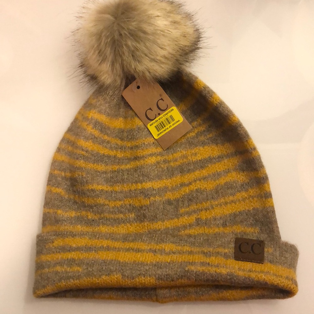 C.C. Mustard Zebra print Pom beanie in mustard